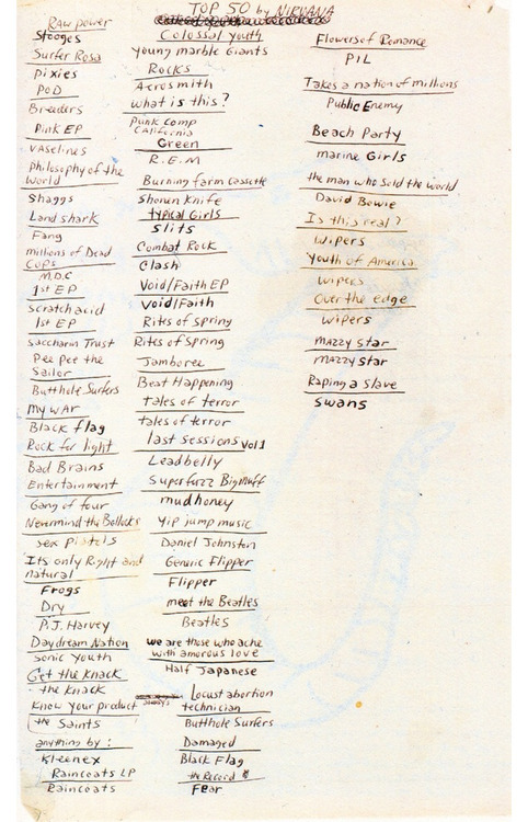 Kurt Cobain’s handwritten list of Nirvana’s top 50 favourite albums