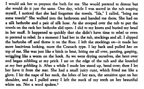 A hot passage of Sexus of Henry Miller (the extract was used by the feminist Kate Millet to criticize the prose of Miller, in fact this is a fnbtasticly “hot” passage). Rejoice.