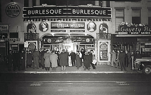 A vintage photo from 1942 shows crowds forming in front of the ‘GAYETY Theatre’ on Ninth Street, in Washington, DC.. As can be seen on the marquee,– Stella Mills (aka. “The Dresden Doll” ) is listed as the week’s Featured Attraction..