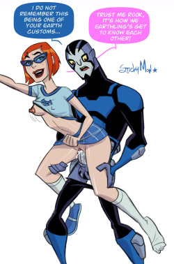stickymon:  Gwen Tennyson and Rook from Ben 10: Omniverse.  I