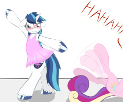 kryptchildart:  Shining Armor emberassed in a Tutu with Cadence