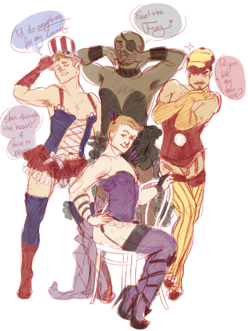 i-am-albie:  So I just had to join in on the Hawkeye Initiative bandwagon, itâ€™s just soâ€¦ full of empowerment.And then I went totally overboard.Even gave them suggestive captions.I feel like a predator drawing this.Â (but Tonyâ€™s face! <3!)Â  