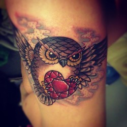 fuckyeahtattoos:  Top Right Thigh, Owl and Crystal. Done By Brynne