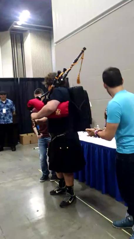 itsjustfirealarms:  Jack and Mark having fun with some bagpipes. Maybe too much fun.  Getting closer! Now we just need everyone to take a seminar on the dreaded VERTICAL VIDEO SYNDROME! :P 