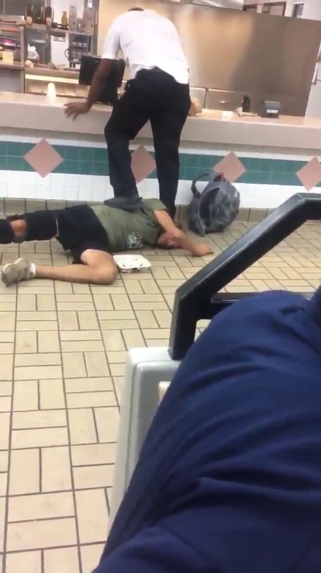 zumainthyfuture:  Trump supporter yells at African American #burgerking workers. Doesn’t end well. LMFAO dude in the white shirt put his stuff down and just stepped on that dude with ALL of his weight.  P.S.:The OP called the drunk asshole a Trump support