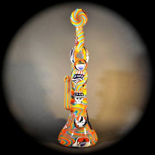 headyhunter:  “Deadicated: The Other One”By Jason Lee and Jerry Kelly 201412.5” tall, push bowl bubbler.All murrini by Jerry, fully worked by Leebo.This piece will be available at the Sep. 19-20 GooseFire Gallery MilLee   ■■ Tumblr 