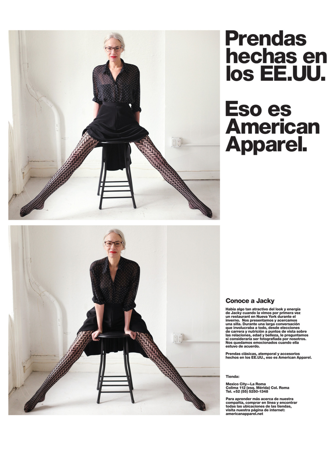 americanapparel:  Jacky in Crescent Pattern Fishnets, Mid Length Circle Skirt and