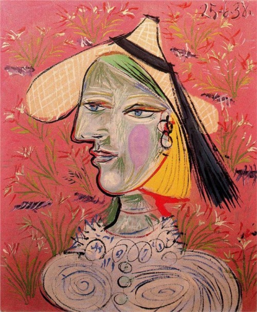 artimportant:Pablo Picasso - Woman with straw hat on a flowery background, 1938 