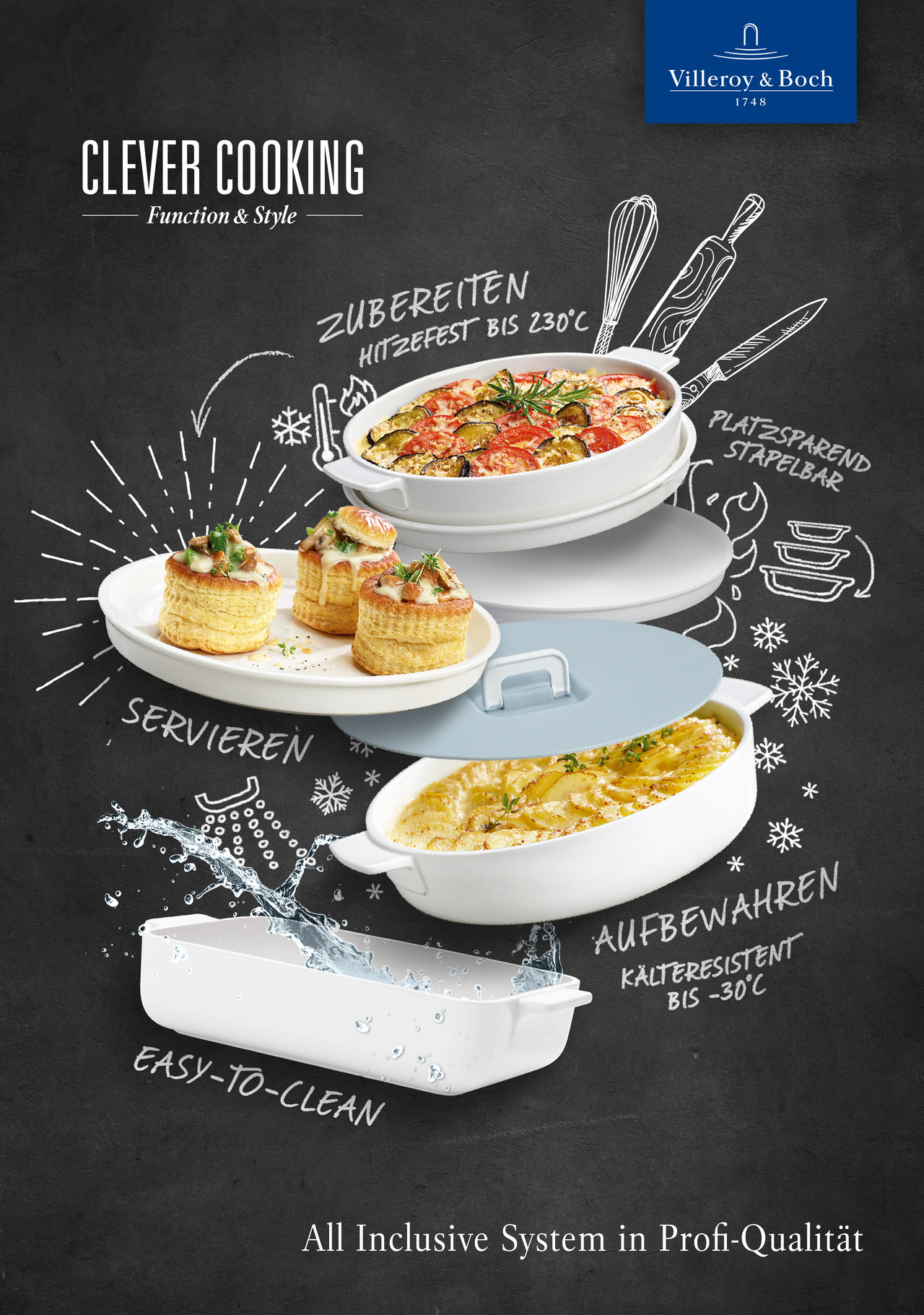 CLEVER COOKING - Villeroy & Boch
Keyvisualentwicklung einer neuen Geschirrserie, die Design und Funktionalität verbindet. POS-Präsentation in Villeroy & Boch C-Shops, Fotobriefing, Verpackung & Retusche