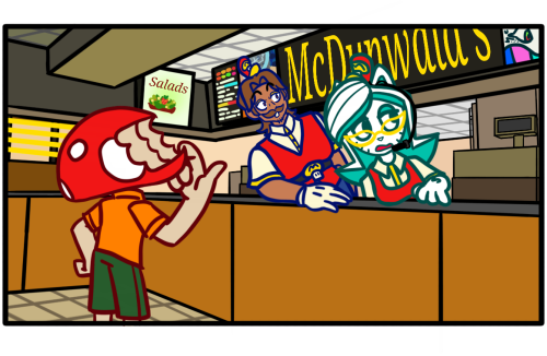 Shroomy is pondering his possible order at McDunwald's (McDonald's) while Swagmaster6969696969 and Karen (who are cashiers) are looking towards the front door of the establishment at an offscreen Mario.