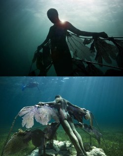 hideback:  Jason deCaires Taylor (English, b. 1974) - Resurrection. Underwater sculpture that incorporates Gorgonian fan coral, off the shores of Cancun, Mexico, 2009. - Sculpture in Moliniere Underwater Sculpture Park, Grenada, West Indies, 2006. - La