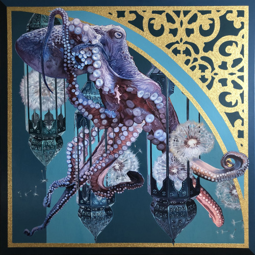 Octopus, 150x150 cm, acrylic, glitter, canvas.