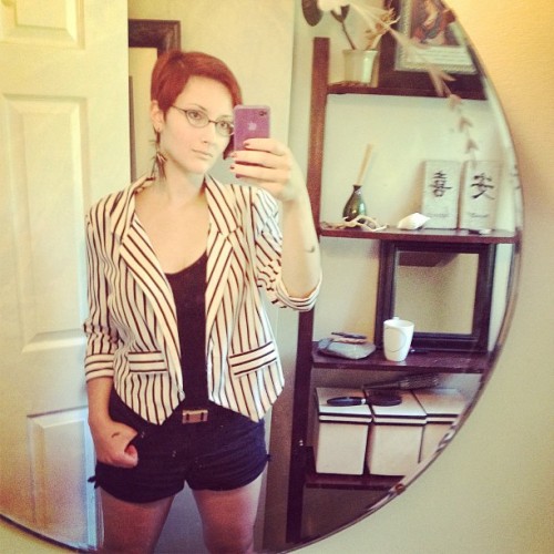 Photo of today ‘s outfit, and new stripped jacket. All I need now are my black boots, and I’ll be go