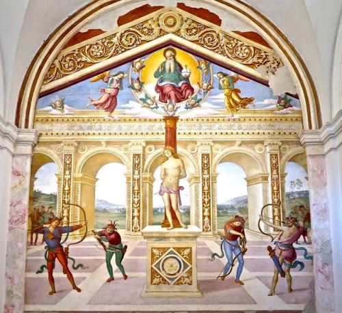 Pietro Perugino, Martyrdom od St. Sebastiano, 1505, Fresco, Church of San Sebastiano, Panicale, Ital