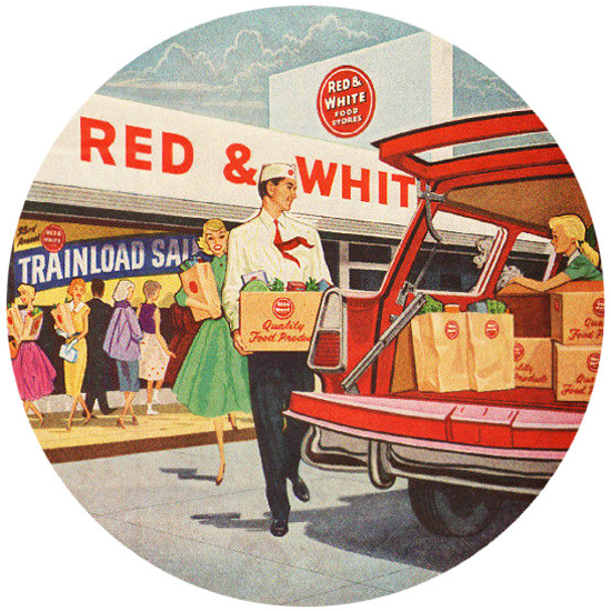 theniftyfifties:  Red &amp; White Food Stores, Trainload Sale - 1956 advertisement.
