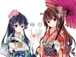 艦隊これくしょん、大和（艦これ）、矢矧（艦これ）、pixiv id 1488600、ＰＮＧ変化、シープ、ロングヘア、happy 2015、二人、傘、動物、和服、女二人、女性、東洋の傘、正月、民族衣装、着物、茶髪、複数女性