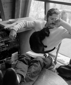 With the family’s cat curled up in his lap at his Utah retreat, Robert Redford takes a break from reading a script, 1969.