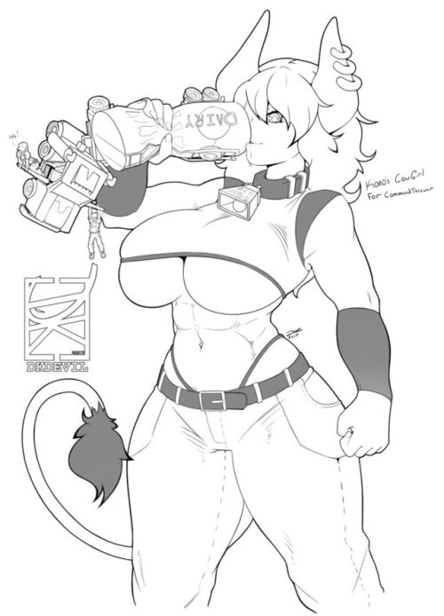 dkdevil:   This here was a Patreon sketch for CommandThrower for August~ He asked me for @KonoNokoNiko ’s cowgirl having a drink of milk. she’s extremely freaking big though, so she needs a truck full of the stuff. Hope the driver and his passenger