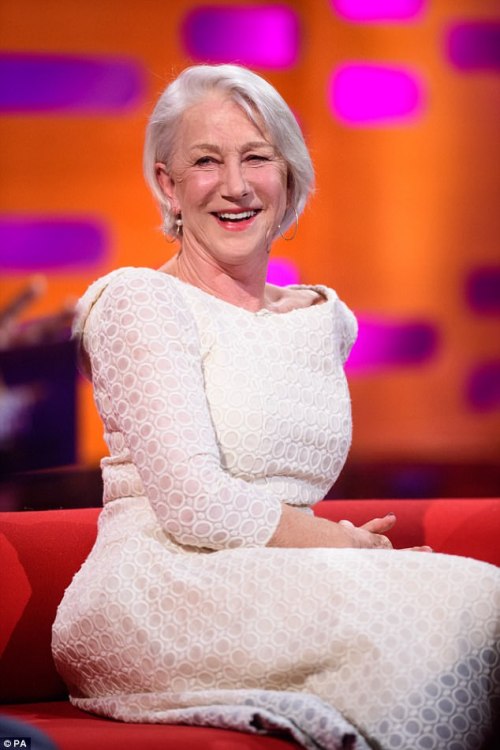 aprilwearsgucci: Helen Mirren looked elegant as ever in a chic white dress during her TV appearance 