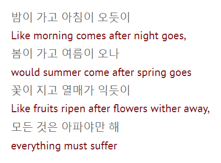 Lyrics to the song "everythingoes" by RM with Korean lyrics in grey and English translations in red that reads, “밤이 가고 아침이 오듯이 (Like morning comes after night goes) / 봄이 가고 여름이 오나 (would summer come after spring goes) / 꽃이 지고 열매가 익듯이 (Like fruits ripen after flowers wither away) / 모든 것은 아파야만 해 (everything must suffer)