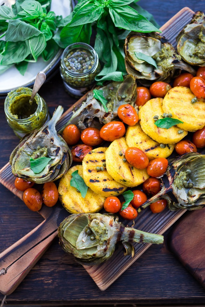 thesaltoflife:  Grilled Artichokes w/ Polenta, Blistered Tomatoes and Pesto