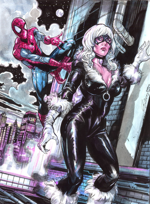 Spider-Man/Blackcat commission. Inks, watercolors, acrylic on paper. art: me