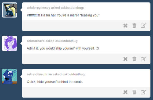 askbutdonthug:  [44 questions remain][Days remaining as mare: None!]((Kinda surprised you people didn’t use the opportunity to ask about socks, honestly))  D'awww~! ;w; <3