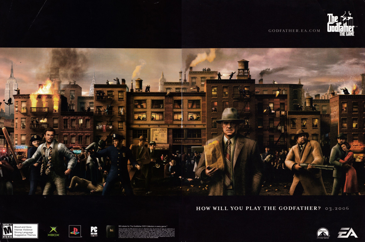 “The Godfather: The Game”
• EGM, April 2006 (202)
• Remember when we used to call sandbox games “GTA clones?” That’s when you know you’ve made a breakthrough in the medium, when your game spawns a market of wannabes, imitators, and concept exercises....