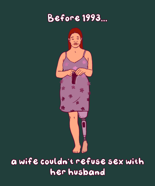 Digital illustration of a disabled woman with a leg prosthetic. She is wearing a floral nightgown and looking down at a pair of panties in her hand. Text reads, “before 1993, a wife couldn’t refuse sex with her husband”