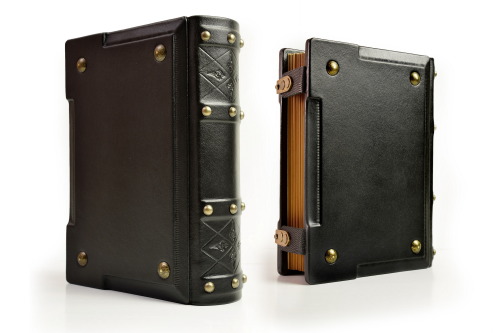 After in aged brown and white leather, medieval styled journal will be available in black leather to