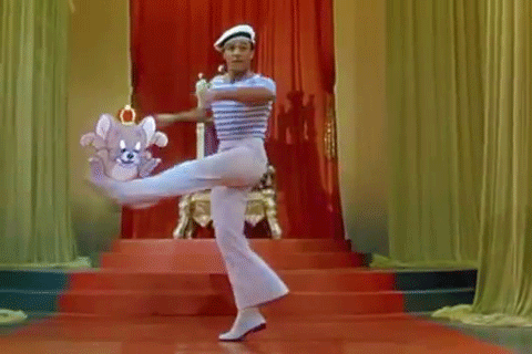 twostriptechnicolor:  Loops from Gene Kelly’s dance with Jerry Mouse in Anchors Aweigh, 1945. To make the scene, Gene’s dance was rotoscoped (ie. traced frame by frame), and then Jerry was animated around it at a full 24 frames per second (or “on