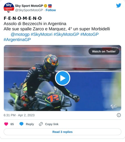 𝗙-𝗘-𝗡-𝗢-𝗠-𝗘-𝗡-𝗢 Assolo di Bezzecchi in Argentina Alle sue spalle Zarco e Marquez, 4° un super Morbidelli 🎥 @motogp #SkyMotori #SkyMotoGP #MotoGP #ArgentinaGP pic.twitter.com/RGIEXIKECU  — Sky Sport MotoGP (@SkySportMotoGP) April 2, 2023