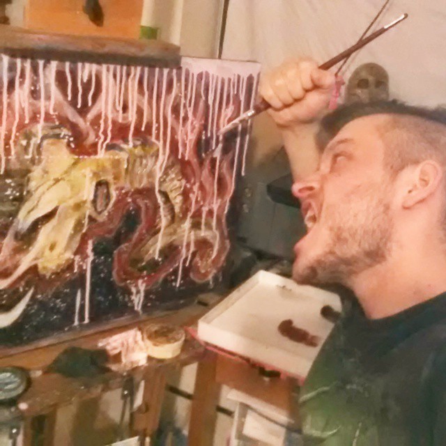 Dramatic re-enactment of me attacking a painting. #mattbernson #acrylic #painting