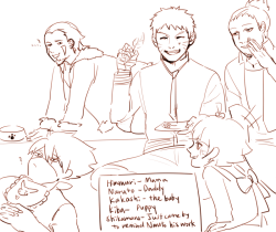 kakashi-gets-sasusaku:  hellohan96:  Himawari is playing house with daddy and her uncles!   Kakashi is enjoying this