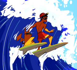 cigar-blues:  pikachu teaches red how to surf!!