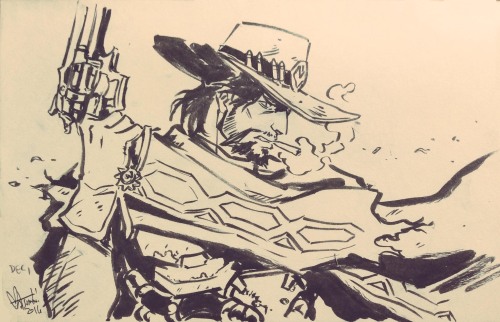 Lúcio and McCree in brush pen