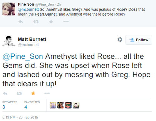 pukakke:matt confirmed that amethyst and greg didn’t have a romance or sexual fling. you can all stop being gross now. ship it if you want. but stop spamming the tags with weird noncon sex theories between them