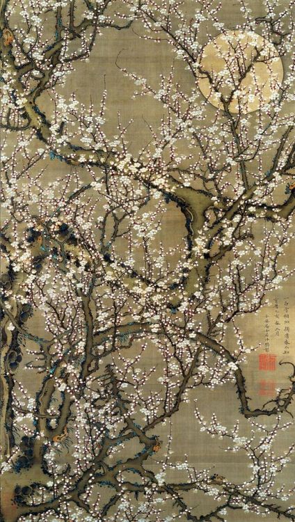 fujiwara57:kakemono 掛物 - “White Plum Blossoms andMoon” - 1755 - encre et couleur sur soie - Dimensio