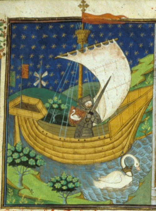 A knight in a boat drawn by a swan.  Miniature by the Talbot Master from the so-called “Talbot
