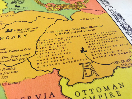 uimapcoll:  This colorful map, A Chart of the History of Printing in Europe, by R. T. Aitchison, was printed in 1931. Printer’s marks are included, as well as different types (and mermaids and sea monsters!).You can see more about printing history