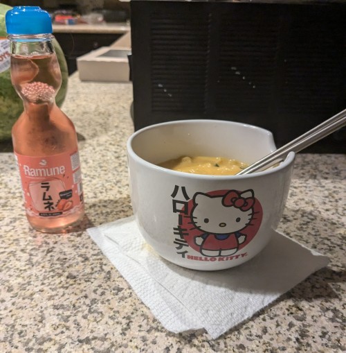Having A Cheesy Ramen Dinner And Enjoying A Good Drink Of Strawberry Ramune !