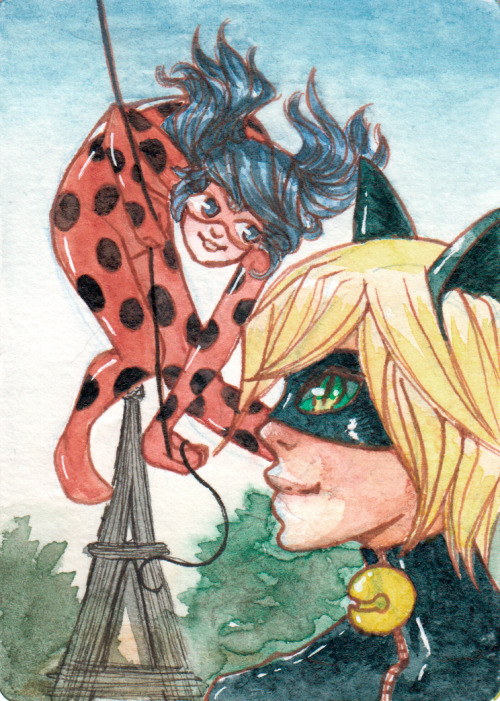 Miraculous Ladybug and Chat Noir drawn in watercolour in aceo size