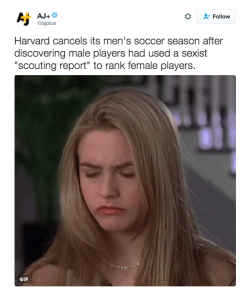 readingrainrose: zaiatzgeistbeth:  refinery29:  “The decision to cancel a season is serious and consequential, and reflects Harvard’s view that both the team’s behavior…run[s] counter to the mutual respect that is a core value of our community,”