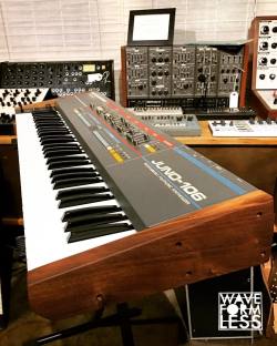 waveformless:  Juno-106 about to head off to its new home with @stlucia tomorrow. Custom Waveformless walnut end cheeks, full restoration, ready for years of action. #waveformless #synthshop #customsynth #analogsynthesizer #roland #juno106 #bigsounds