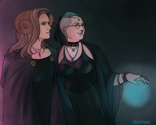 ogrefairydoodles: Completed commission for LucieFudge! [ID: a digital painting of two women in witch