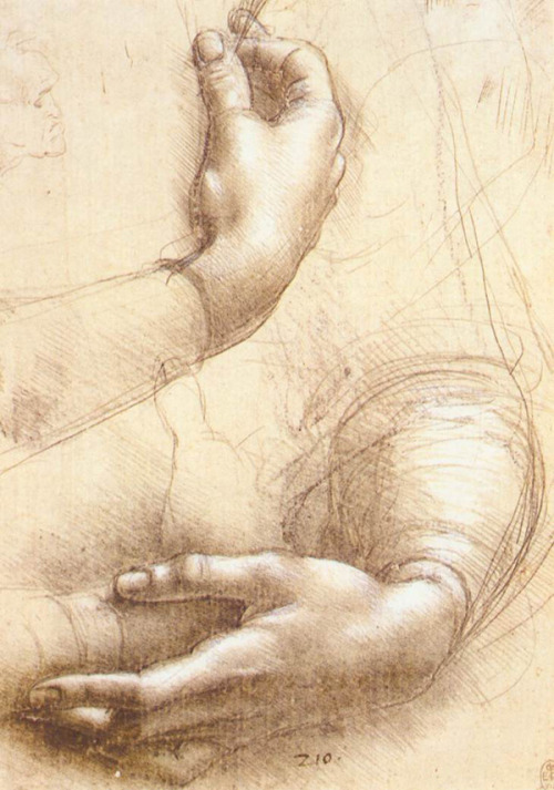 Leonardo da Vinci [Vinci (near Firenze) 1452 - Clos Lucé, Amboise, Tours (France), 1519] a) Study of Hands [maybe for the portrait of Ginevra de’ Benci], c. 1474, Silverpoint and white highlights on pink prepared paper, 214 x 150 mm, Windsor Castle,