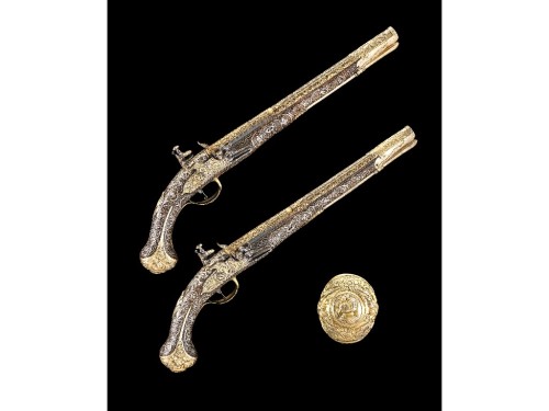 Fine gold and silver encrusted 19th century Ottoman flintlock pistol.  Marked as the creation of Mas