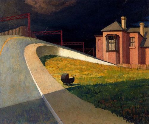 A storm approaches the railroad  -   Jeffrey Smart , 1955Australian, 1921-2013oil on canvas, 