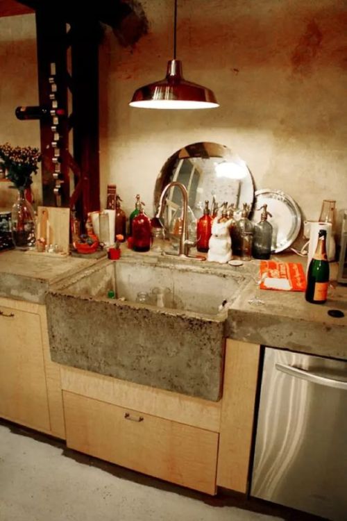 magicalhomestead: Industrial inspiration with beams, vintage walls, cement counter tops and sink.&nb