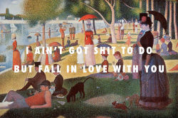 flyartproductions:Sunday afternoon, I ain’t got shit to do but fall in love with you.  Sunday Afternoon on the Island of Grand Jatte (1886), Georges Seurat / ii. shadows, Childish Gambino